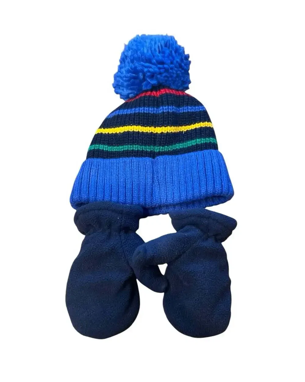 The Children's Place Boys L/G Blue Striped Pom Beanie & Mittens Set 2753-TR